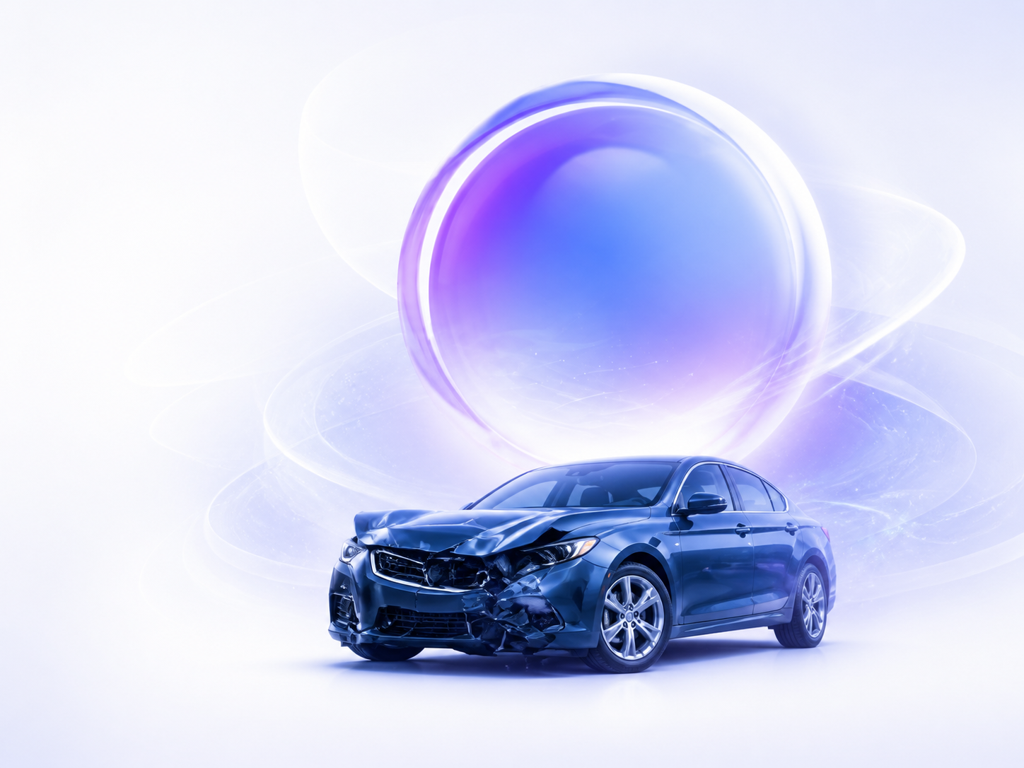 A damaged car in front of a calm blue and violet light sphere